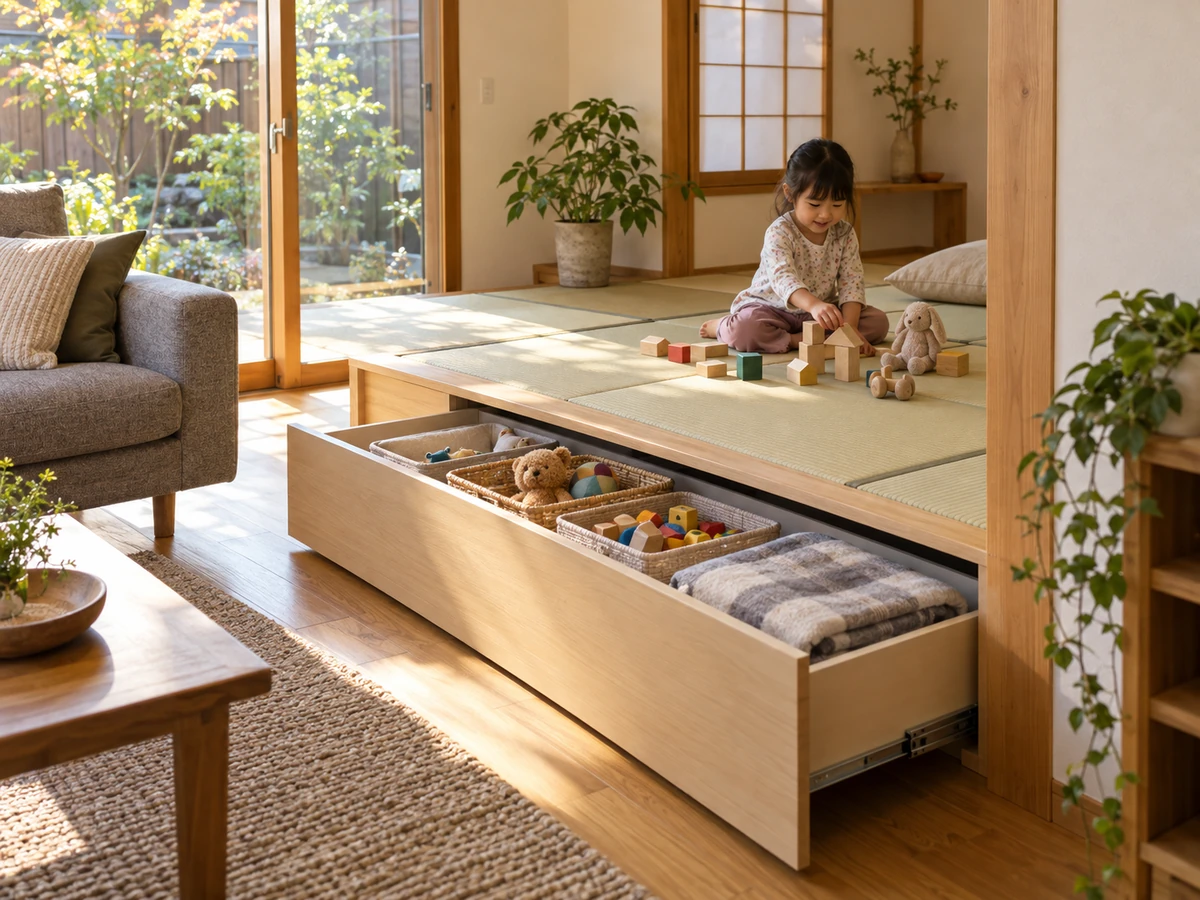 小上がりの畳下の引き出しに、おもちゃや布類を収納したリビング。