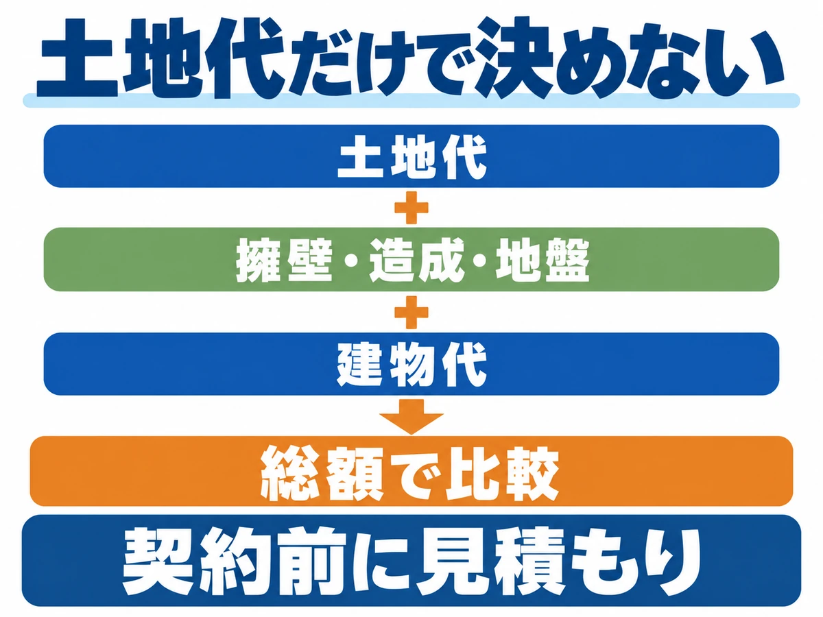 土地代に擁壁・造成・地盤の追加費用と建物代を加え、総額で比較する費用の整理図。契約前の見積もりを促している。