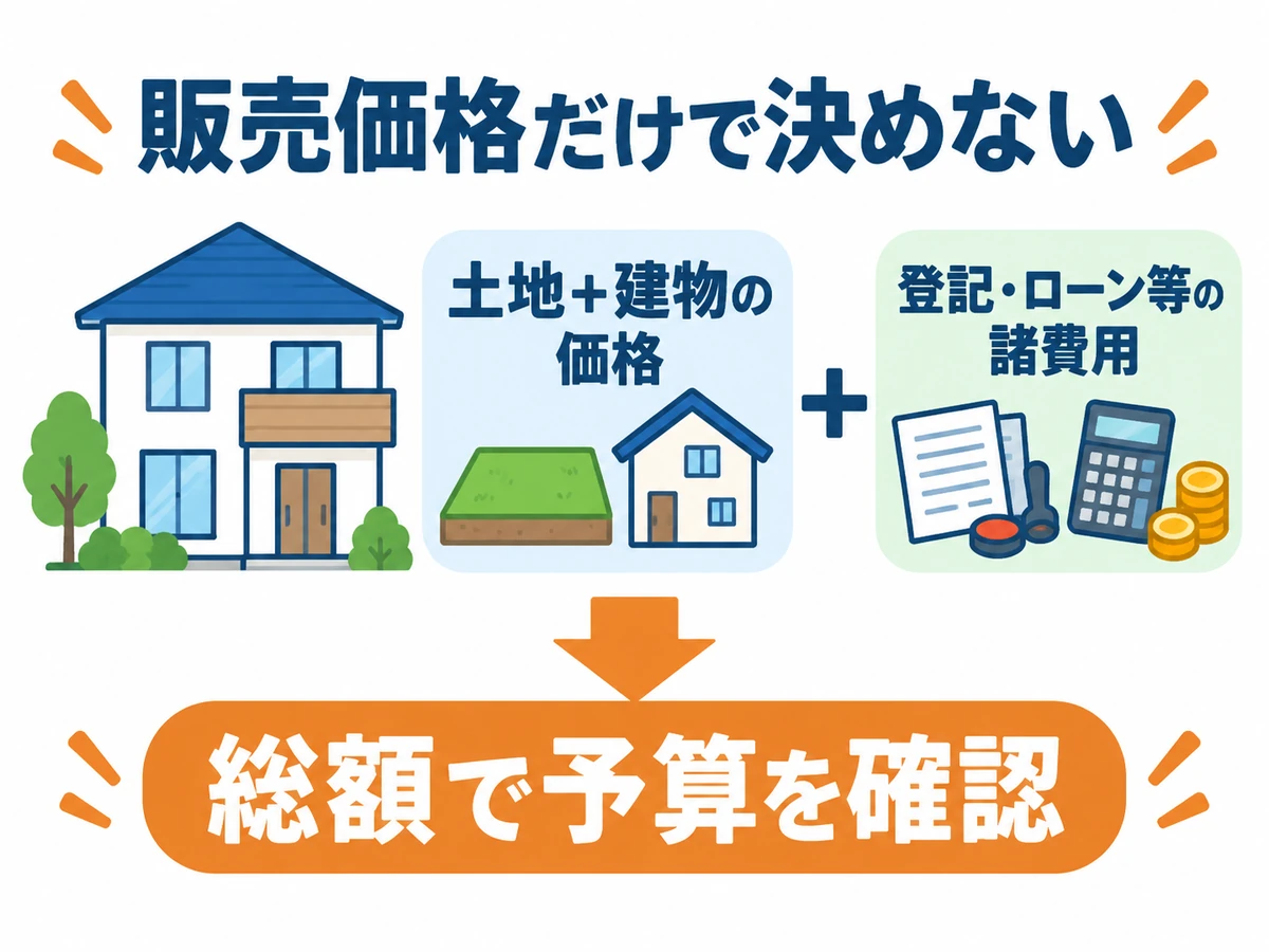 土地と建物の販売価格に、登記やローンなどの諸費用を加え、総額で予算を確認する考え方。