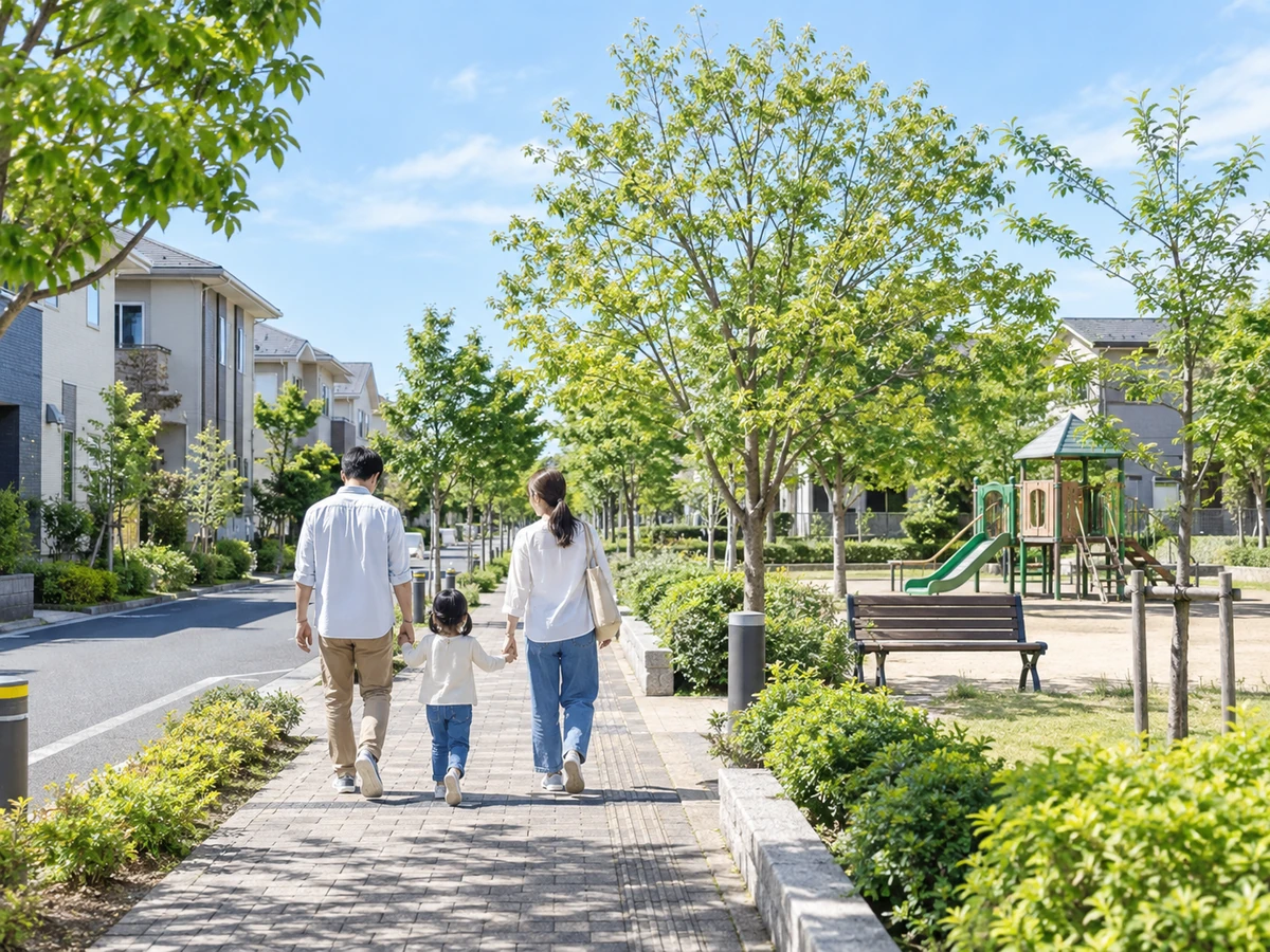 住宅街の公園沿いの歩道を、家族三人が手をつないで歩く様子。