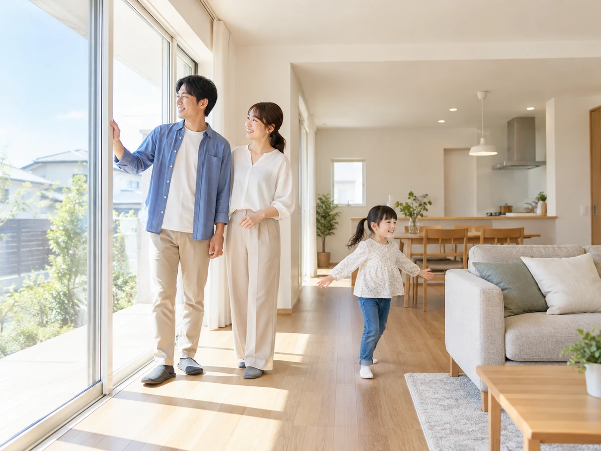 完成した住宅のリビングで、窓の日当たりを確かめる夫婦と部屋を見て回る子ども。