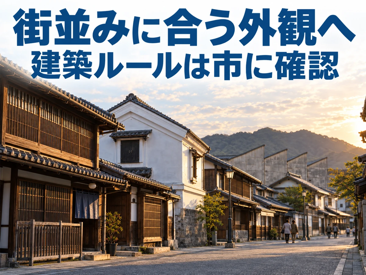 格子の町家、白壁の土蔵、ノコギリ屋根の工場が並ぶ街並みのイメージ。建築ルールは市に確認するよう示している。