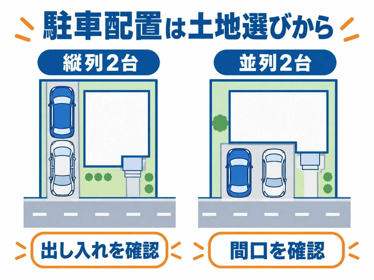 車二台を縦列に置く配置と並列に置く配置を上から比較。縦列は出し入れ、並列は土地の間口を確認する。