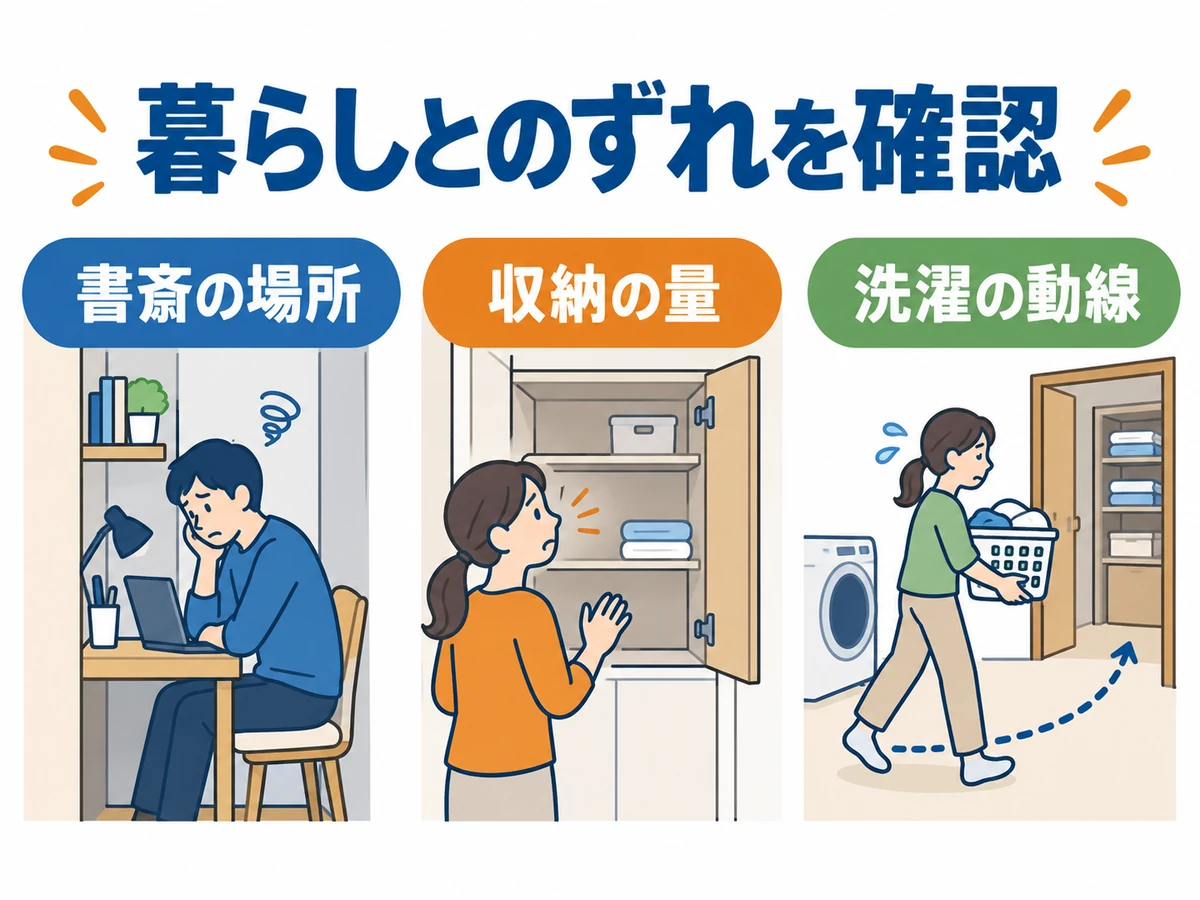 書斎の場所、収納の量、洗濯の動線を例に、間取りと暮らしのずれを確認するイラスト。