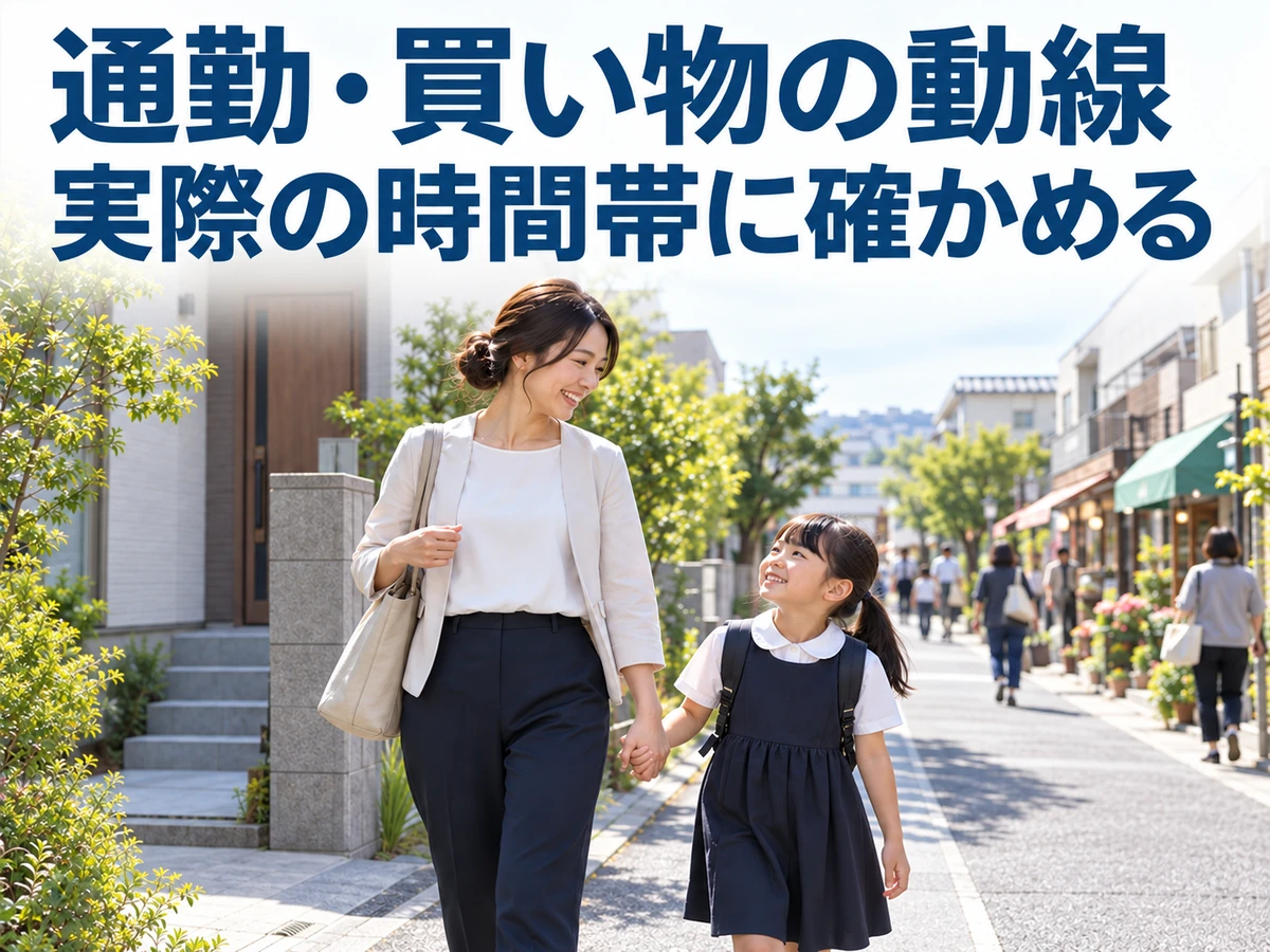 住宅街を歩く親子。通勤・買い物の動線を実際の時間帯に確かめるよう案内している。