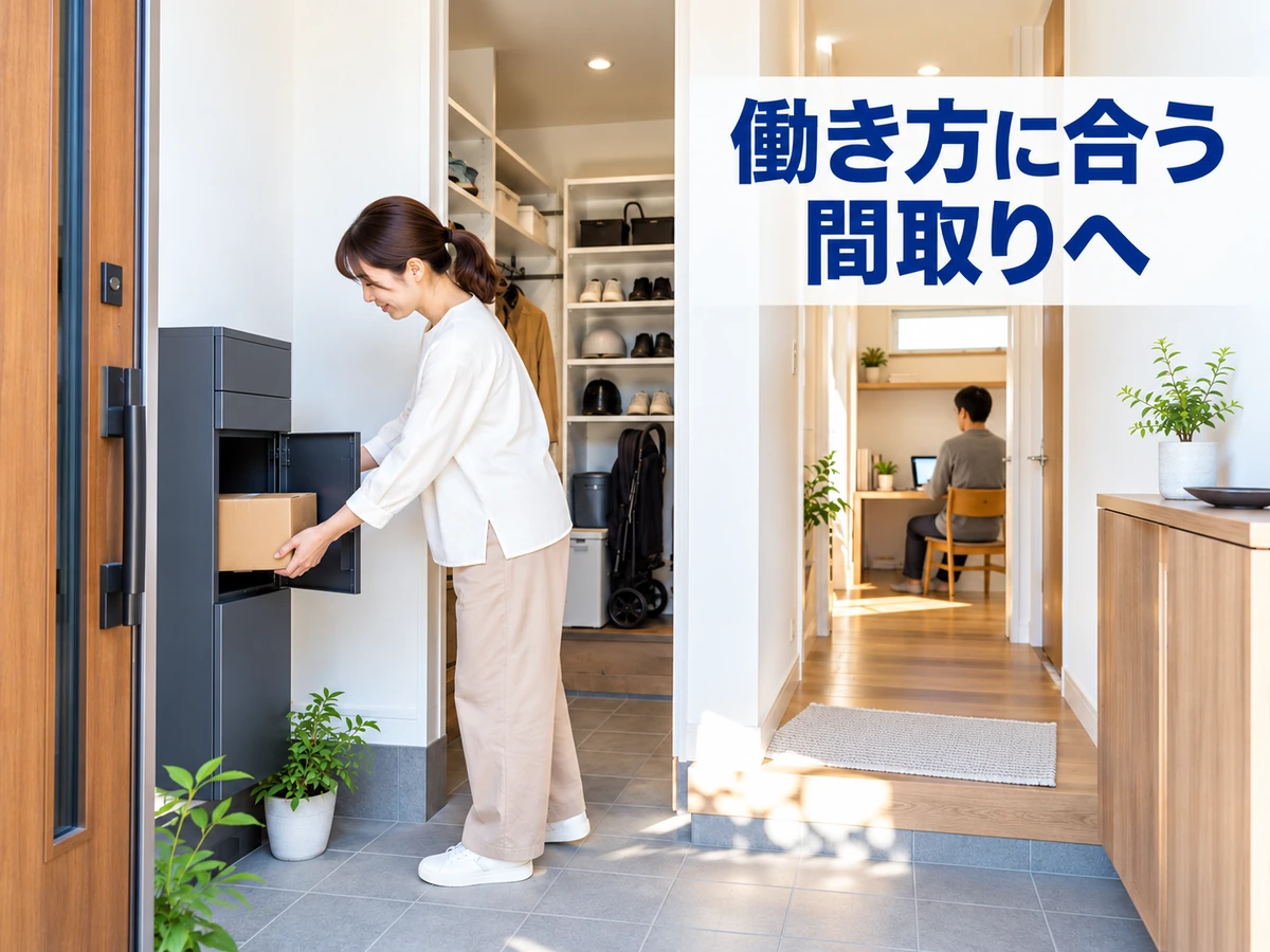宅配ボックスを使う女性と室内の書斎で働く男性。「働き方に合う間取りへ」のコピー。