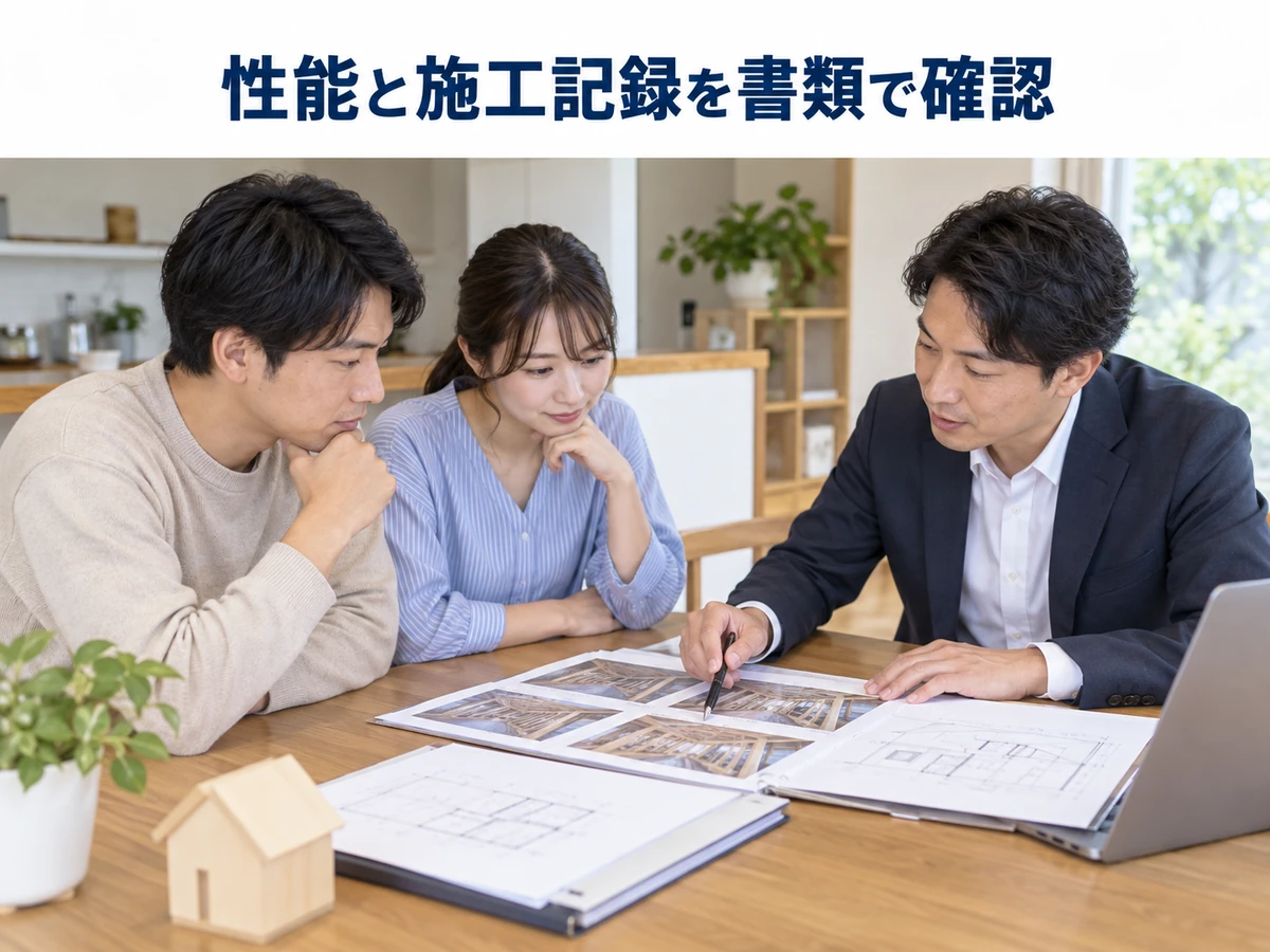 住宅の施工写真と図面を担当者と確認する夫婦。「性能と施工記録を書類で確認」のコピー。