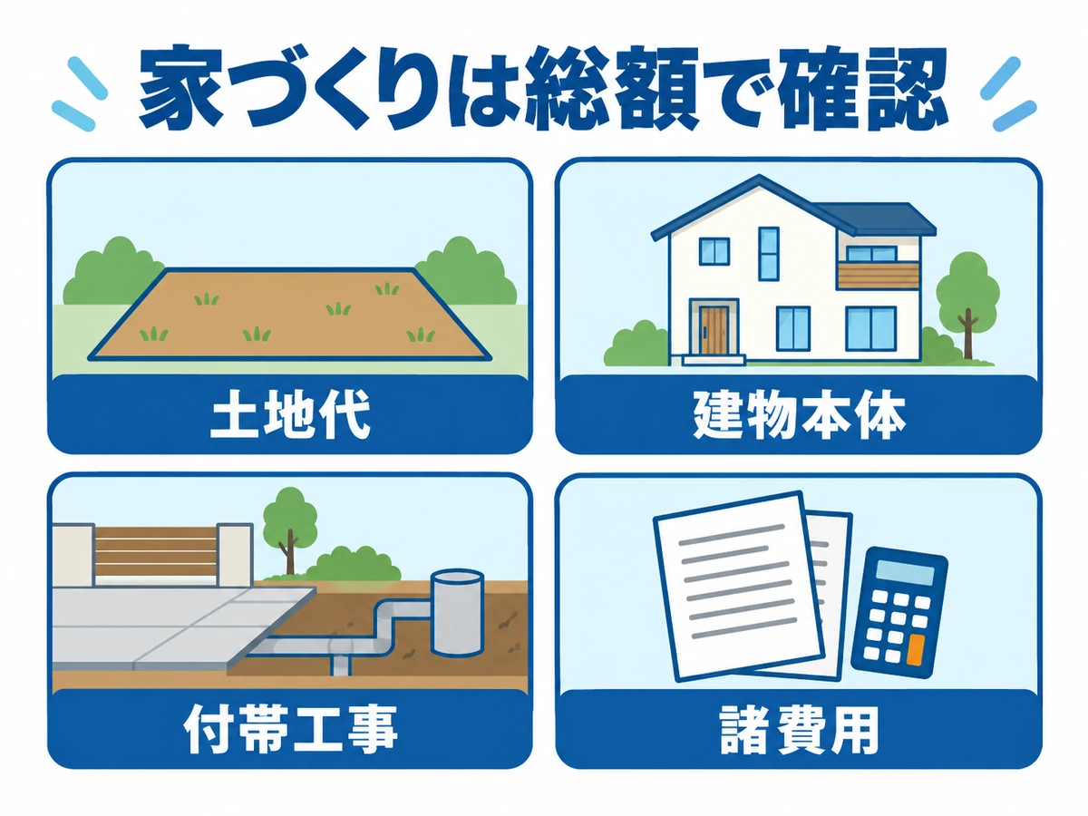 家づくりの総額を、土地代、建物本体、付帯工事、諸費用の四つに分けて確認する図解。