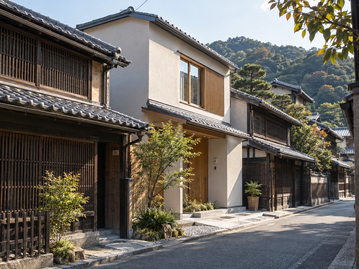 古い格子の町家と調和する新しい住宅が並ぶ、旧市街の街並みをイメージした外観。