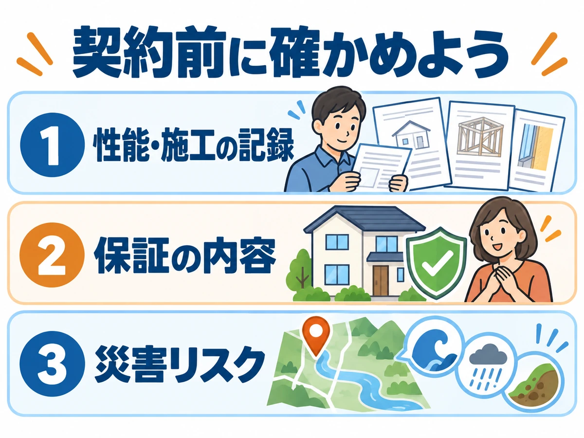 住宅の契約前に確認する三つの項目。性能と施工の記録、保証の内容、災害リスク。