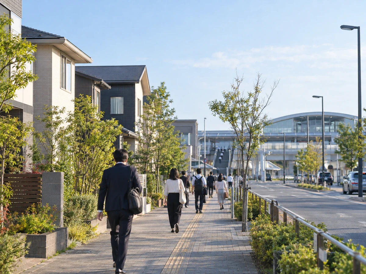 住宅や街路樹が並ぶ道を、駅の方向へ歩いて通勤する人々。
