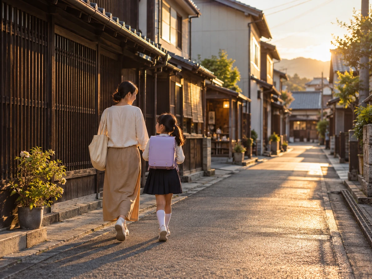 格子のある家並みの通りを親子が歩いて帰る、旧市街での暮らしのイメージ。