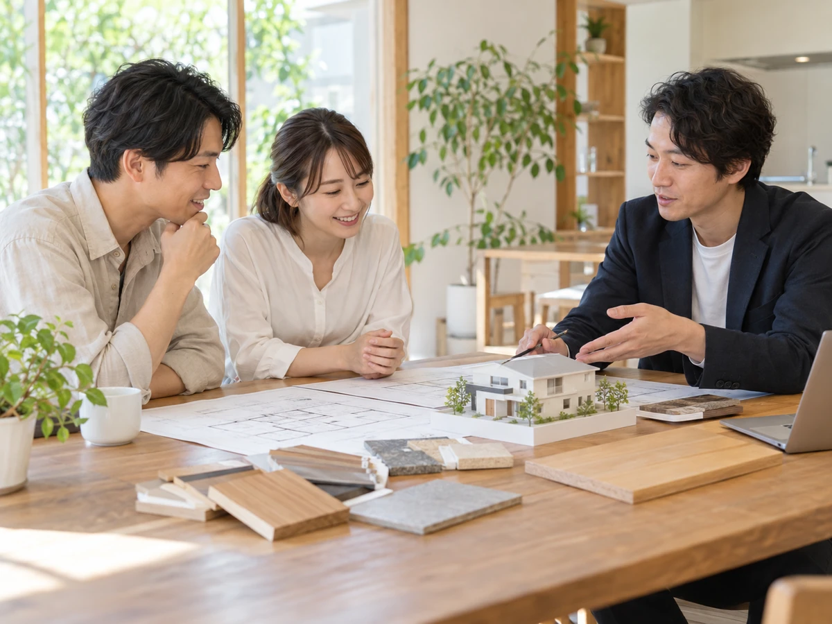 建築士と住宅模型、建材サンプル、間取り図を見ながら打ち合わせをする夫婦。
