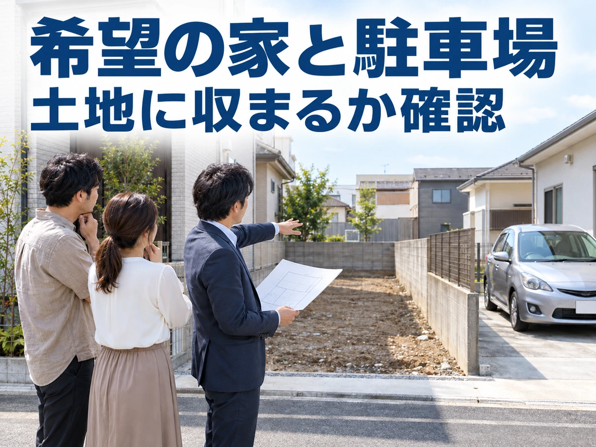 狭い敷地を夫婦と設計担当者が確認している。希望の家と駐車場が土地に収まるか確かめる要点。