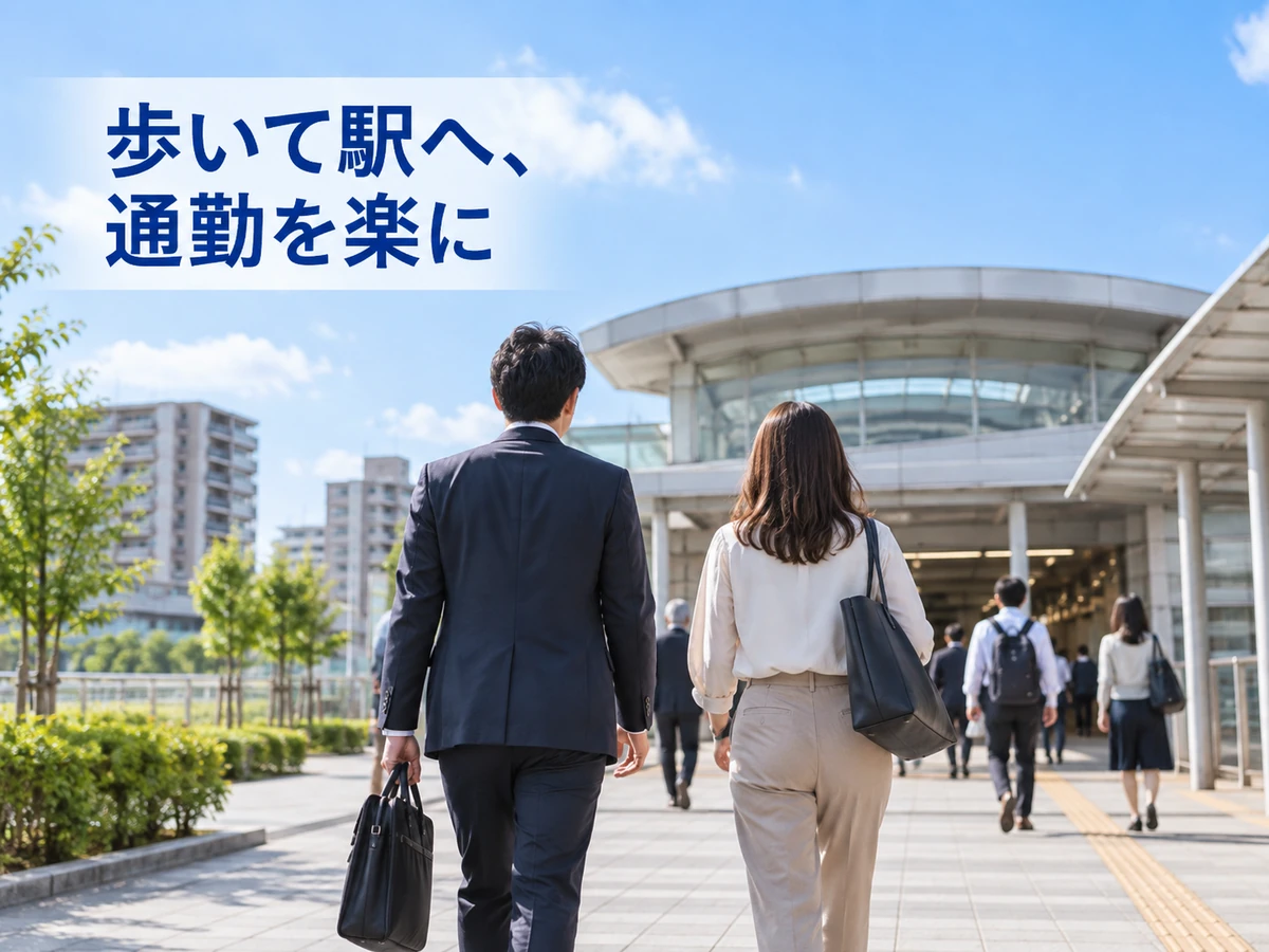 駅前の歩行者空間を歩く男女。「歩いて駅へ、通勤を楽に」のコピー。