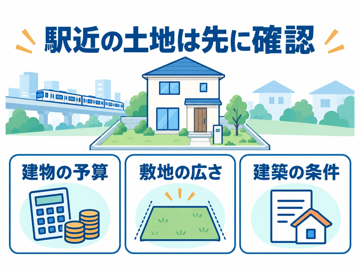 駅近の土地を検討するときに、建物の予算、敷地の広さ、建築の条件を先に確認する三つのポイント。