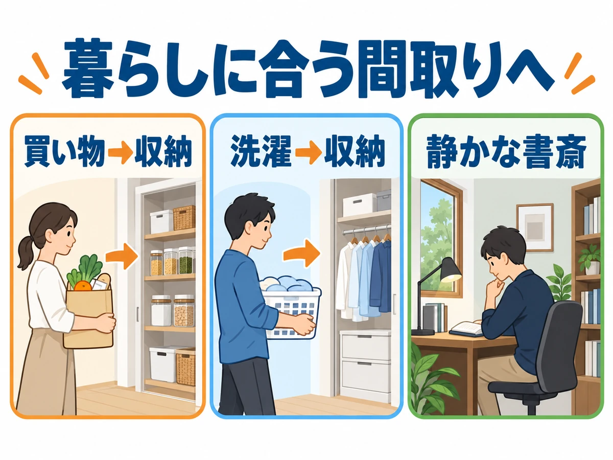買い物から収納、洗濯から収納への短い動線と静かな書斎を示す、暮らしに合う間取りのイラスト。