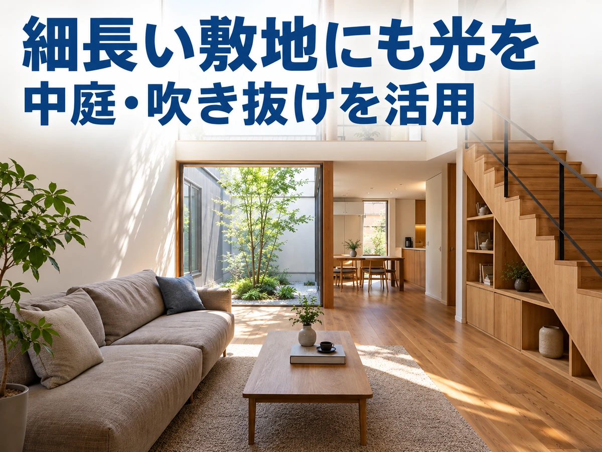 中庭と吹き抜けから光が届く細長い住宅のリビング。限られた敷地で採光を工夫する例。