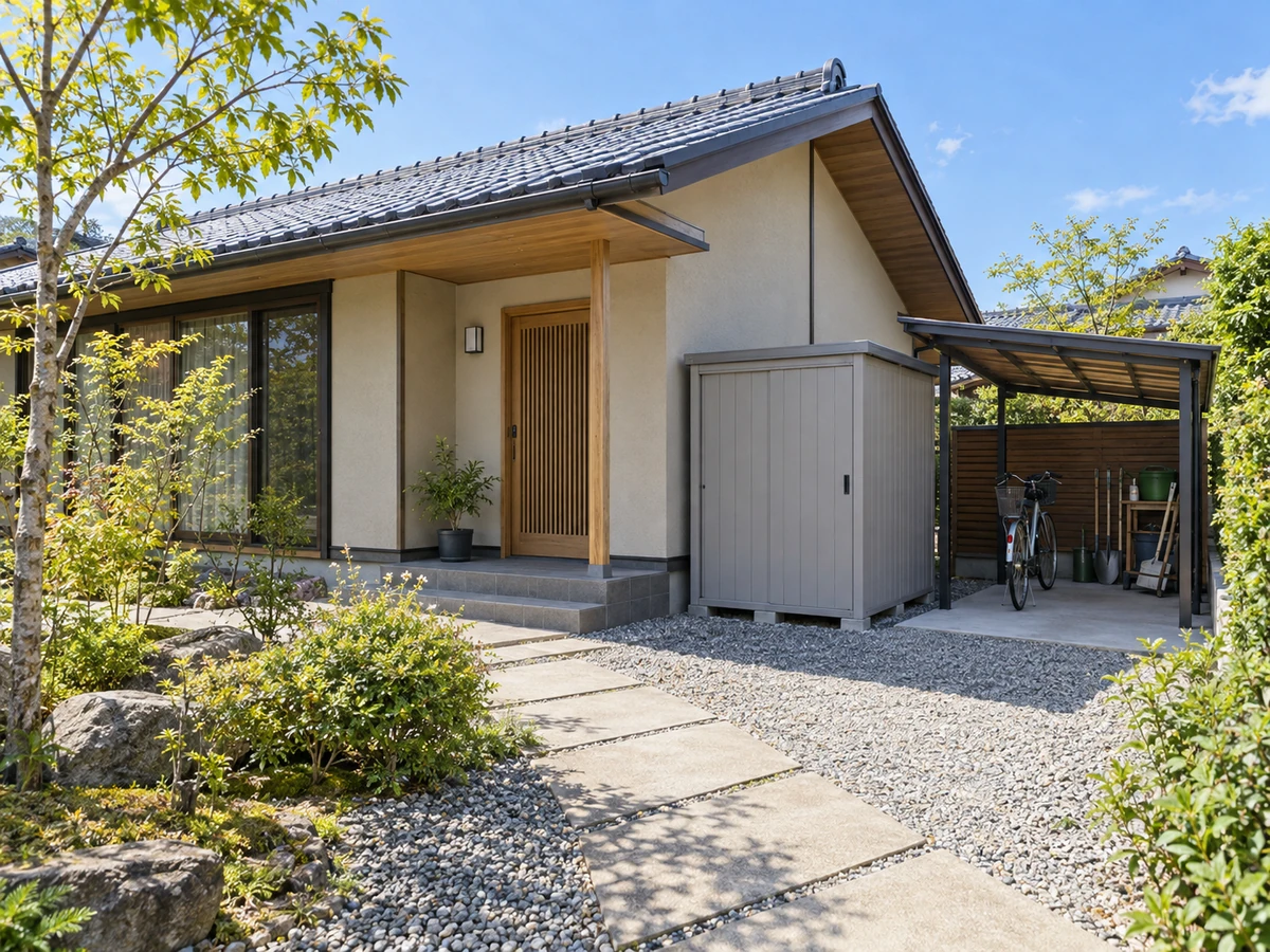 平屋の屋外に物置を設け、軒下に自転車や園芸用品をまとめた例。