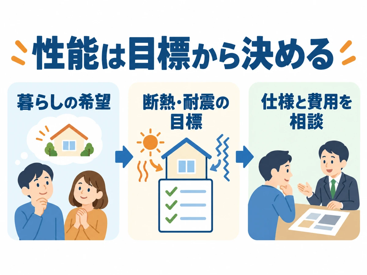 暮らしの希望から断熱・耐震の目標を決め、仕様と費用を相談するという住宅性能の決め方。