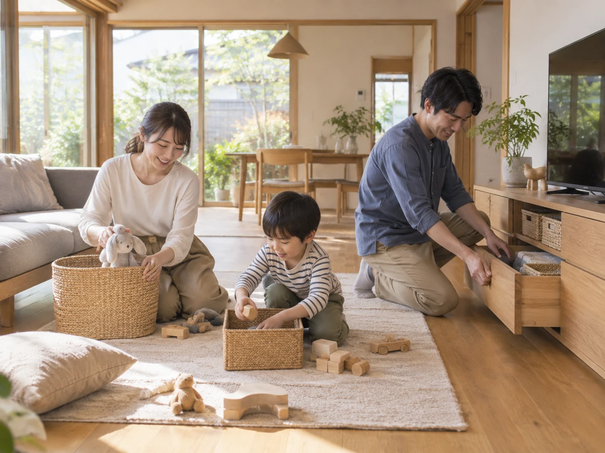 リビングで家族が協力し、おもちゃをかごや造り付けの引き出しへ片付けている。