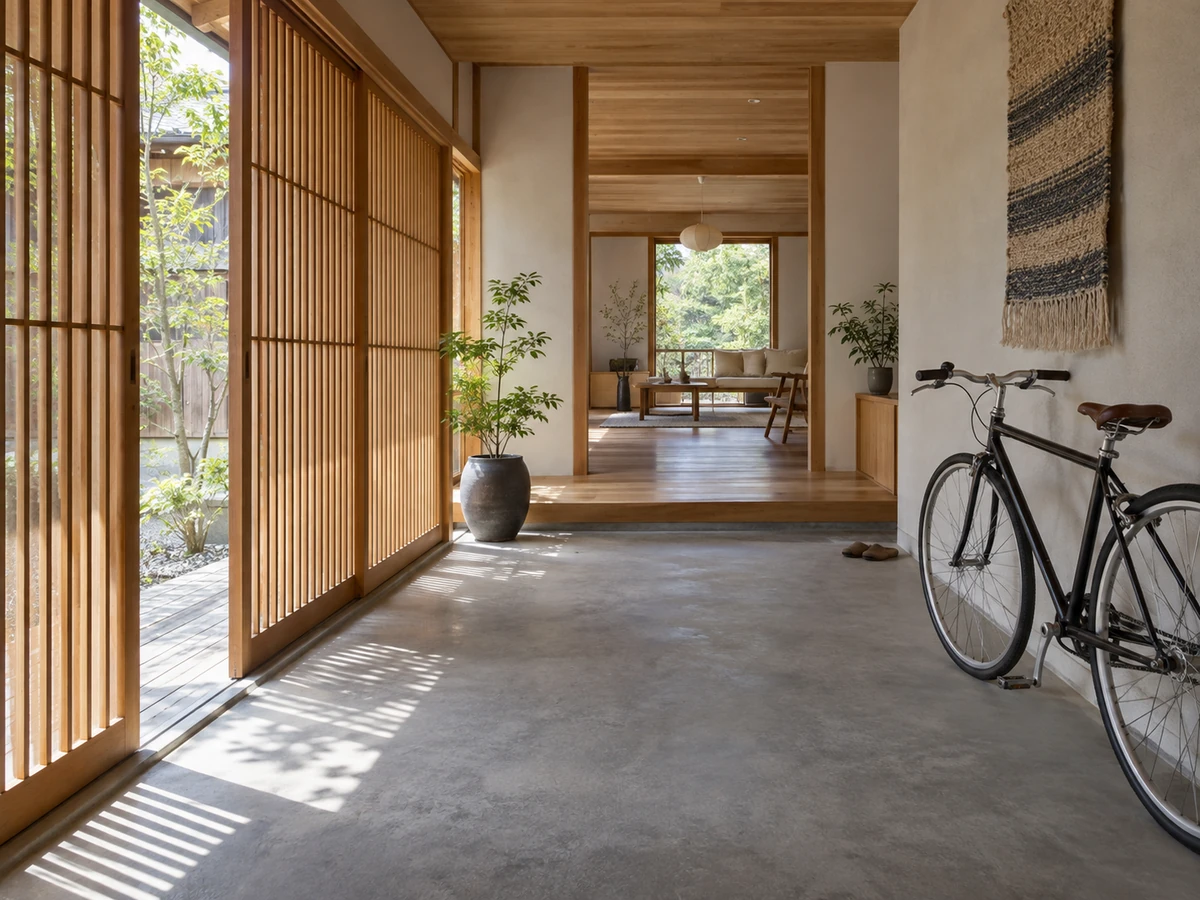 木の格子、奥へ続く土間、自転車の置き場、織物の飾りを取り入れた住宅の玄関。