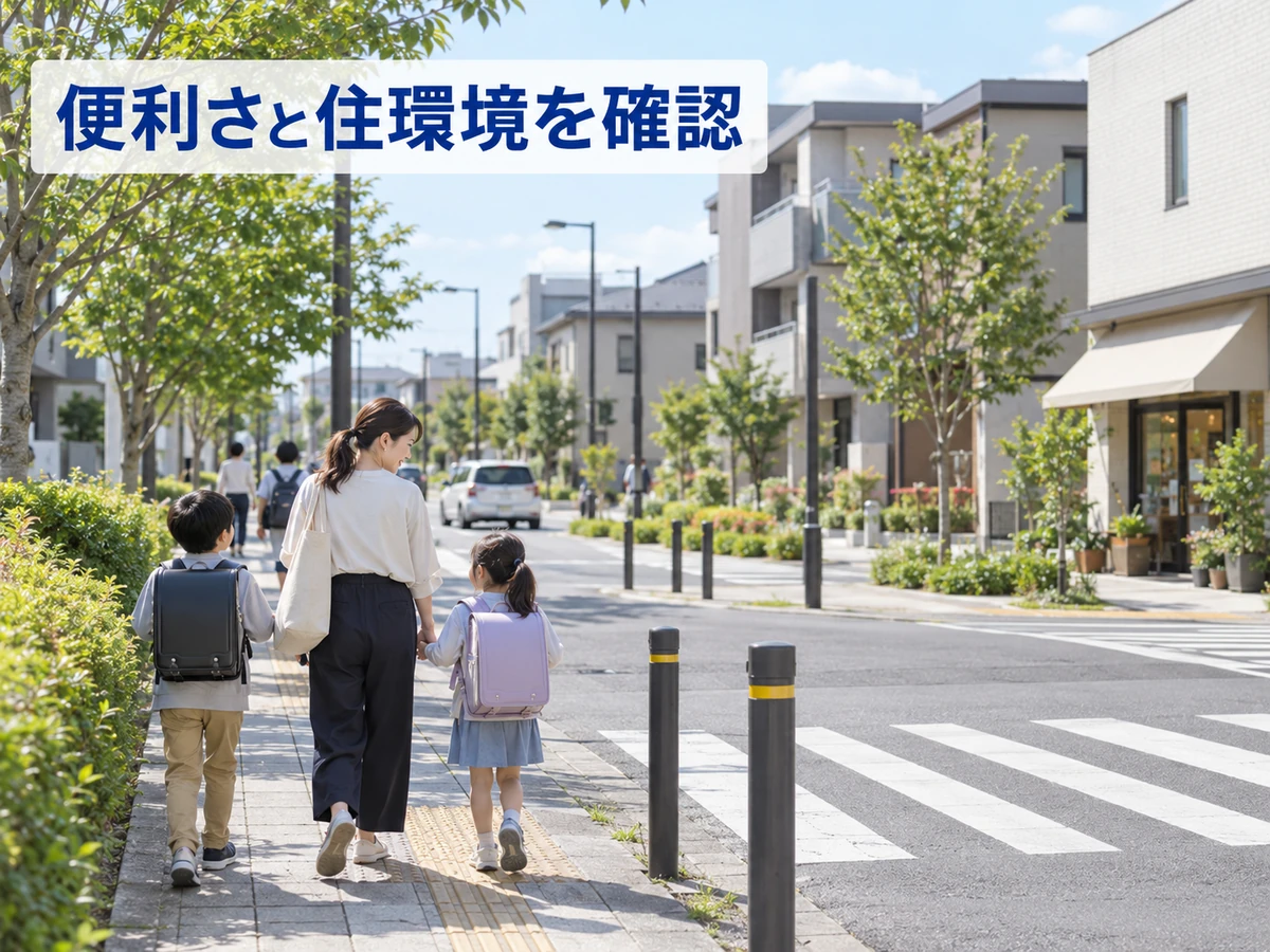住宅街の歩道を子ども二人と歩く母親。「便利さと住環境を確認」のコピー。