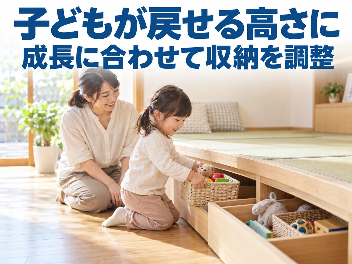 子どもが畳下の収納へおもちゃを戻す様子。子どもの高さと成長に合わせて収納を調整する。