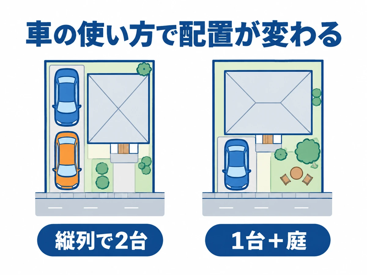 同じ住宅の敷地で、縦列で車二台を置く配置と、車一台と庭を設ける配置を比較するイラスト。