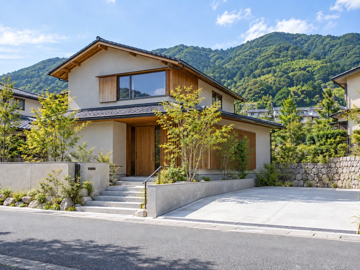 緑の山並みを背景に、玄関への階段とゆとりある駐車スペースを設けた住宅の外観。