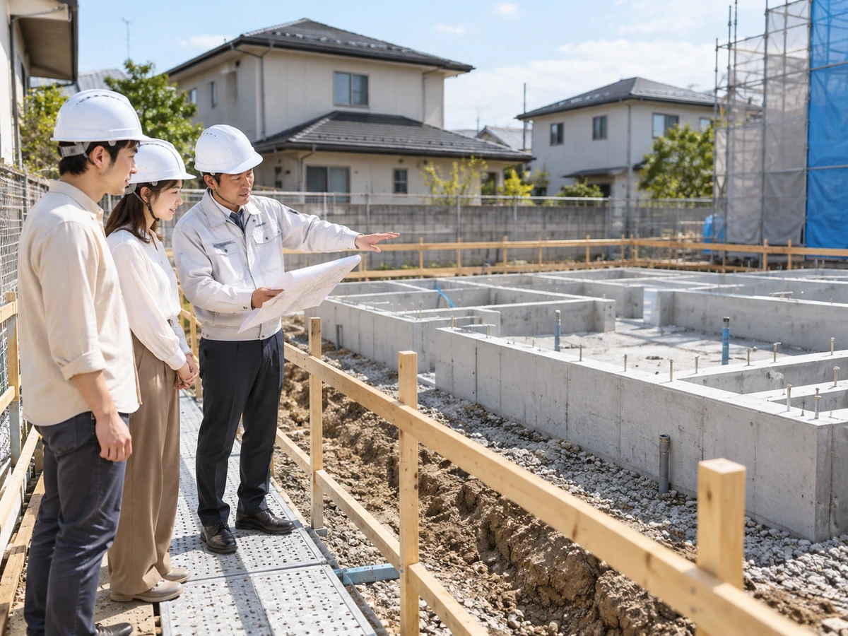 基礎工事が進んだ戸建て住宅の現場で、ヘルメットをかぶった夫婦が担当者から説明を受ける様子。