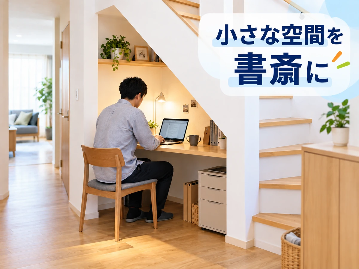 階段下の小さな机でパソコン作業をする男性。「小さな空間を書斎に」のコピー。