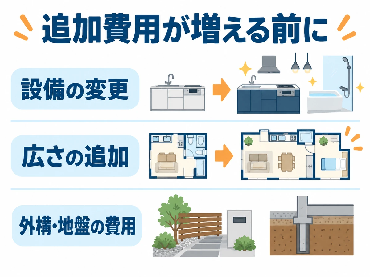 注文住宅で追加費用を確認したい三つの項目。設備の変更、広さの追加、外構・地盤の費用。