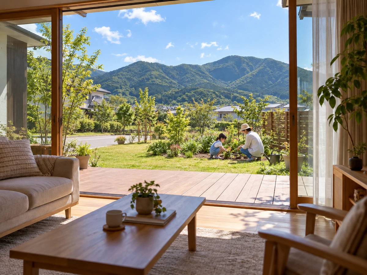 リビングの大きな窓から、庭で作業する親子と緑の山並みが見える住まい。
