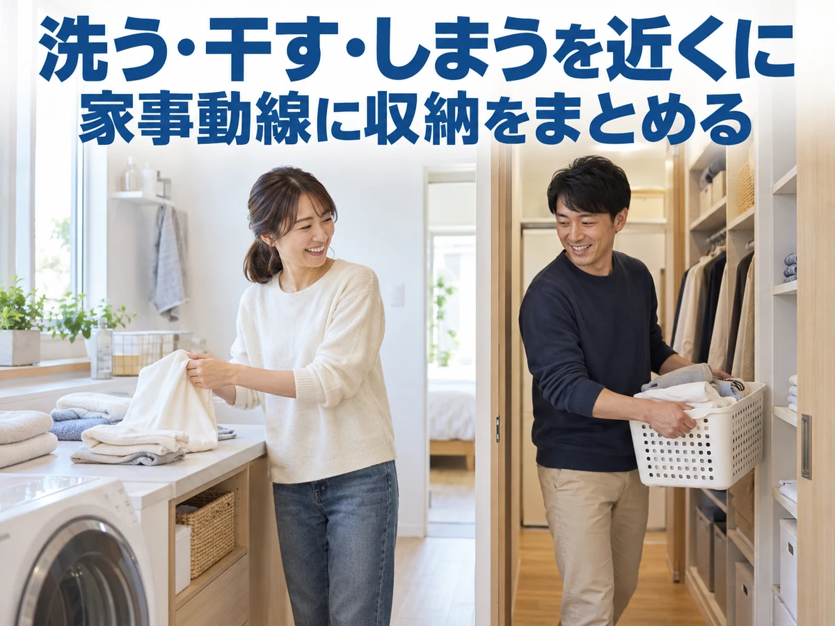 隣り合うランドリーとクローゼットで衣類を片付ける夫婦。洗う・干す・しまうを近づける。