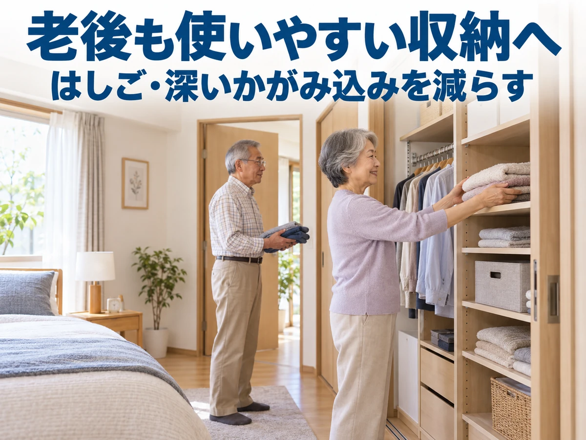 寝室の手が届く棚に衣類やタオルをしまう夫婦。将来も使いやすい収納にするため、はしごや深いかがみ込みを減らす。