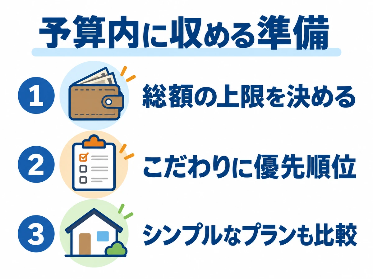 予算内に収めるため、総額の上限を決め、こだわりに優先順位を付け、シンプルなプランも比較する三つの準備。