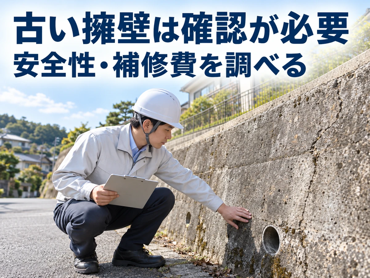 担当者が古い擁壁の水抜き穴や表面を点検している。安全性と補修費を調べる要点。