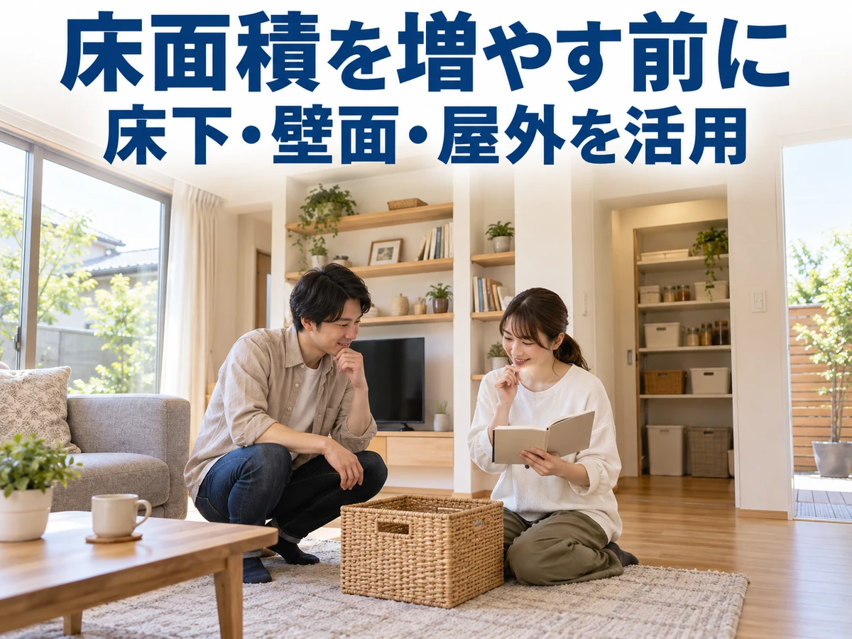収納用のかごを前に、持ち物を確認する夫婦。床面積を増やす前に床下・壁面・屋外を活用する。