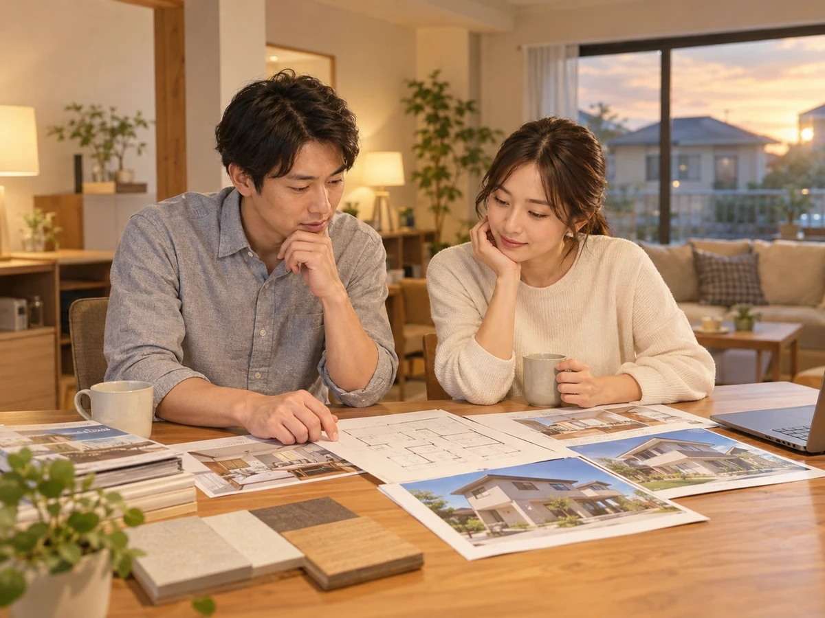 夕方のリビングで住宅資料を並べ、住まい選びの条件を落ち着いて話し合う夫婦。