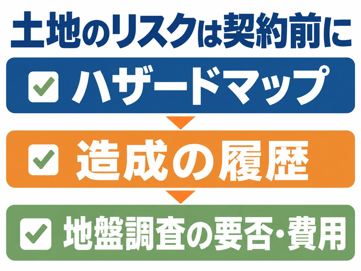 土地のリスクを契約前に確認する3つの順序。ハザードマップ、造成の履歴、地盤調査の要否・費用。