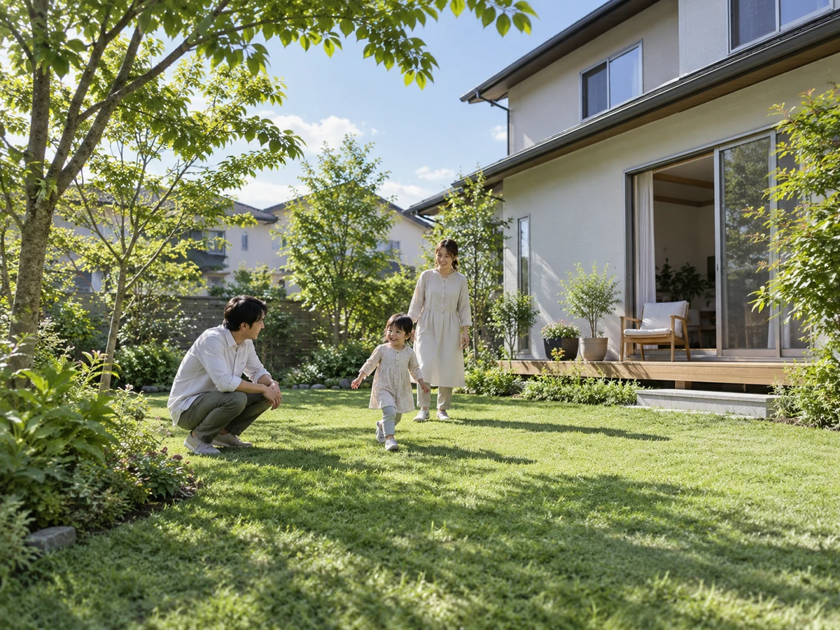 戸建て住宅の芝生の庭で、幼い子どもを見守る両親。