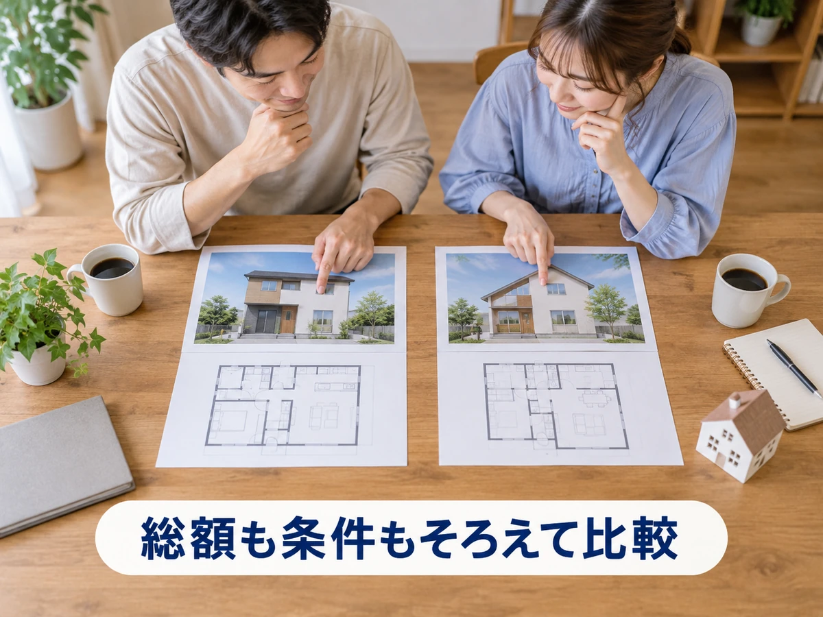 二つの住宅資料と図面を並べて比べる夫婦の手元。「総額も条件もそろえて比較」のコピー。