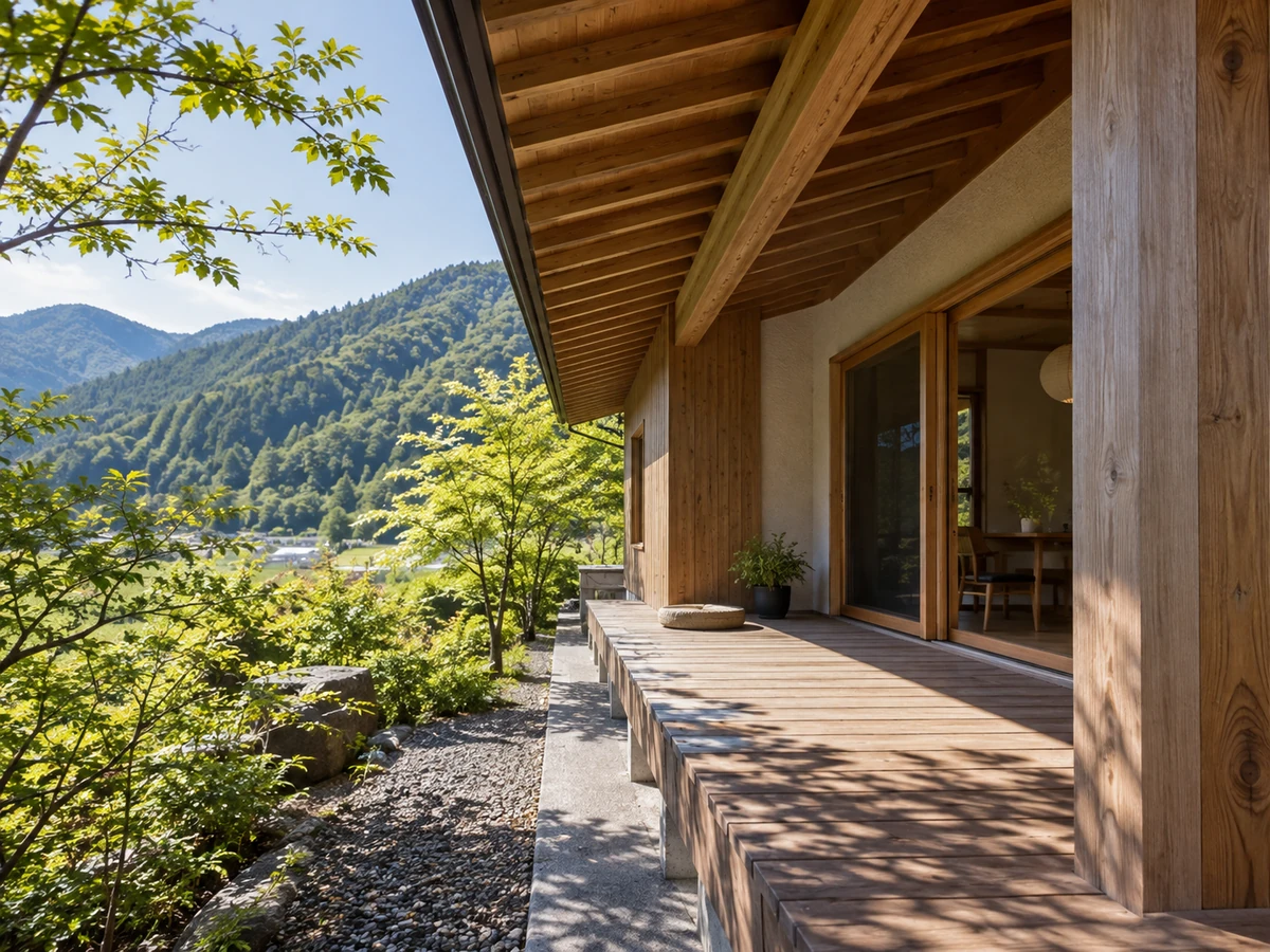 深い木の軒と自然素材の外壁を備え、縁側から緑の山を望める住宅。