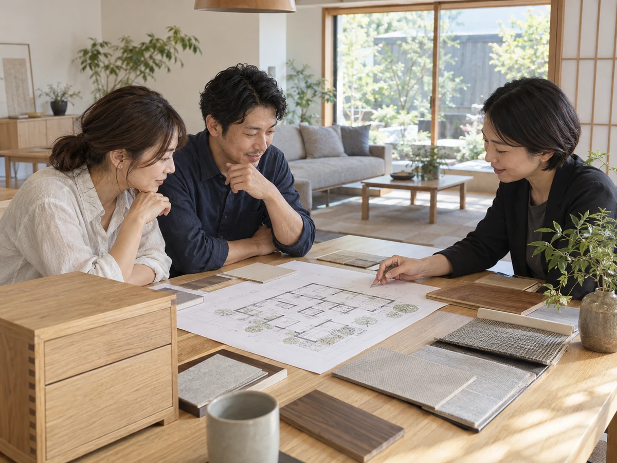 間取り図と収納の模型、素材見本を囲み、担当者に平屋の収納計画を相談する夫婦。