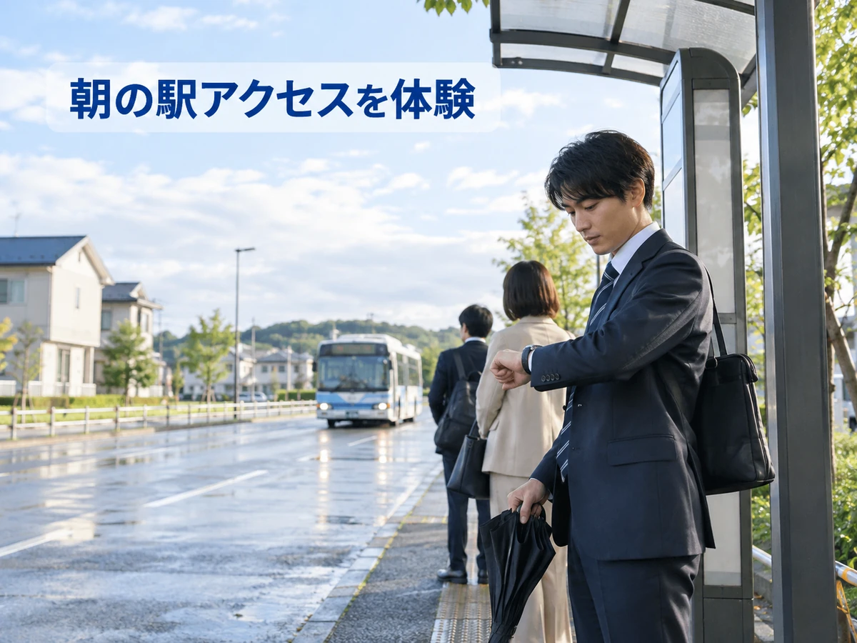 雨上がりの朝、バス停で腕時計を確認する男性。「朝の駅アクセスを体験」のコピー。