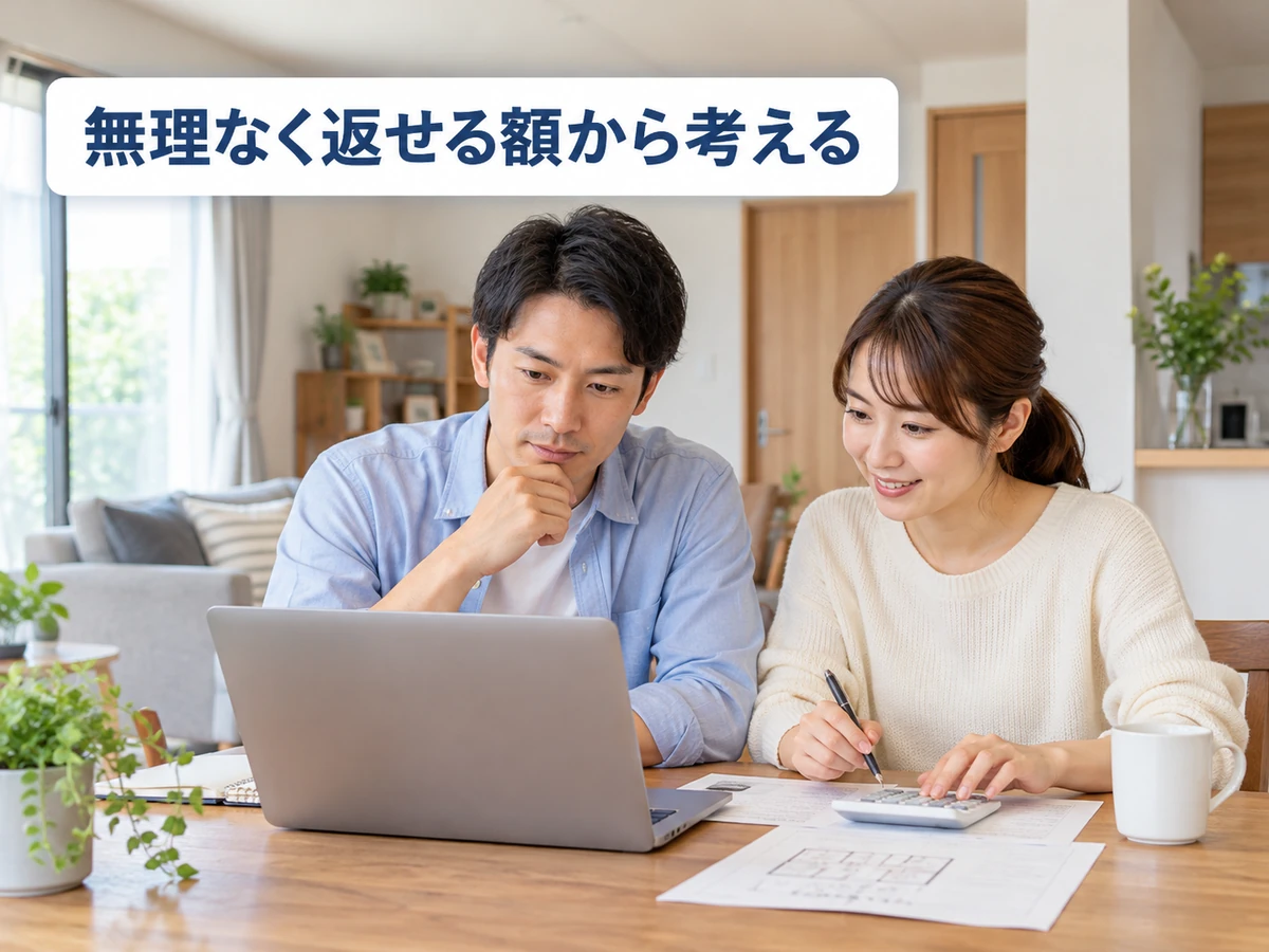 パソコンと電卓を使い住宅予算を確認する夫婦。「無理なく返せる額から考える」のコピー。