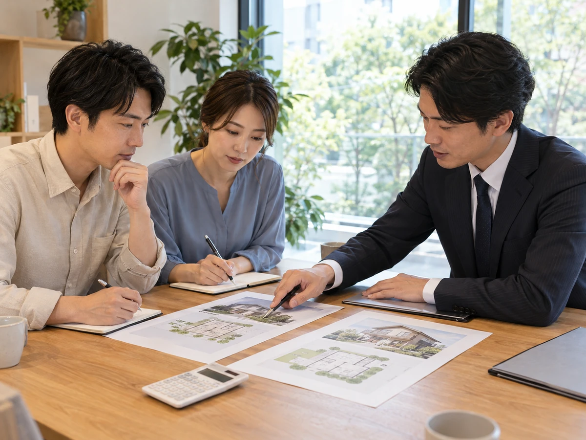 夫婦とアドバイザーが、複数の土地や住宅の提案資料を並べて比較している。