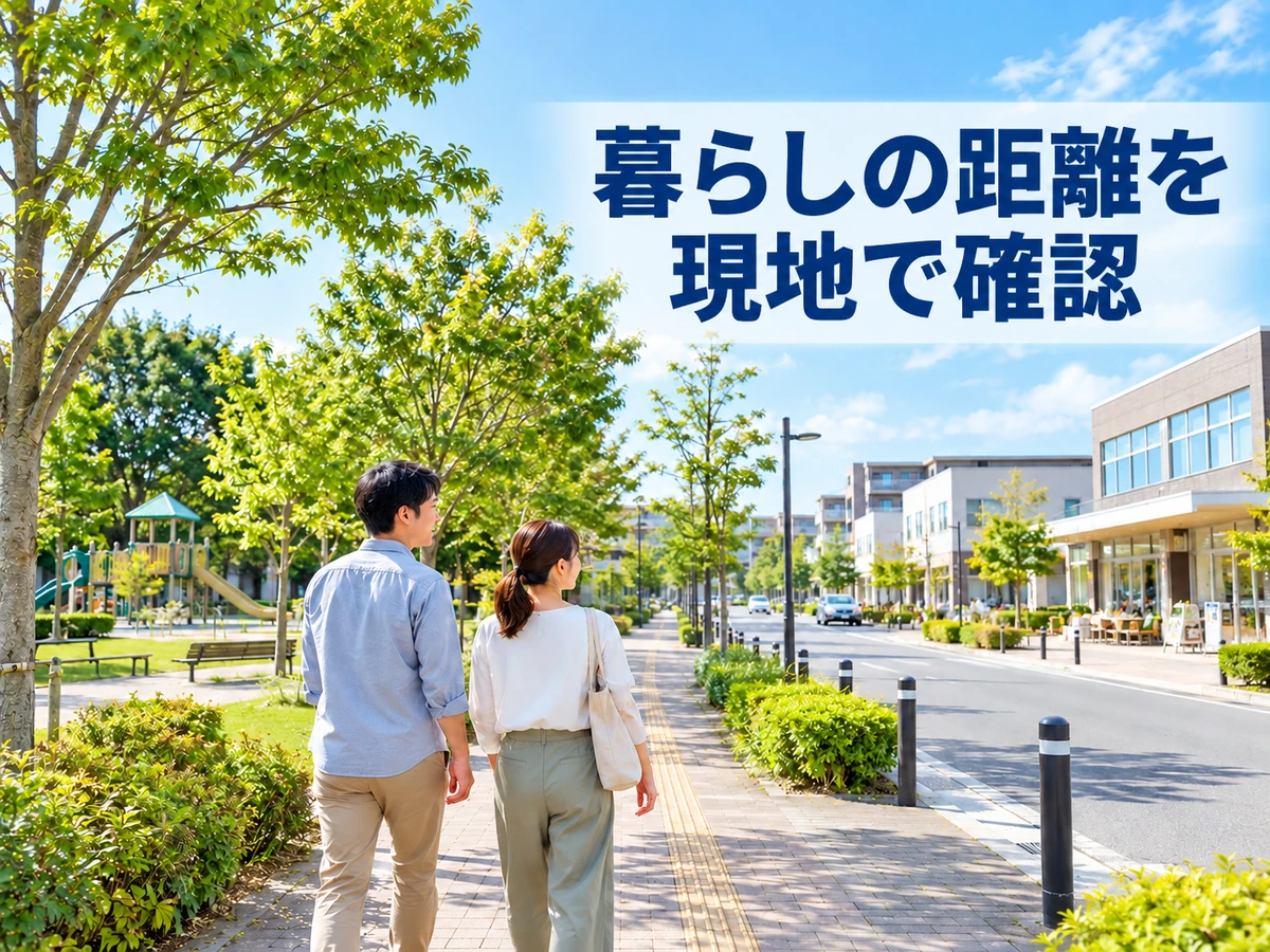 公園と店舗がある通りを歩いて周辺環境を確認する夫婦。「暮らしの距離を現地で確認」のコピー。