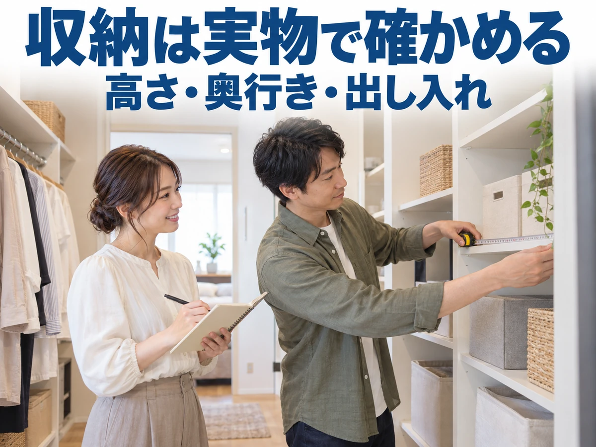 クローゼットの棚をメジャーで測る夫婦。収納の高さ・奥行き・出し入れを実物で確かめる。